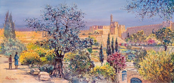 A beautiful jigsaw puzzle featuring a picturesque view of Migdal David, showcasing a vibrant landscape with a prominent tree, blooming flowers, and historical architecture in the background. Two figures walk along a path, adding a sense of life to the serene setting.