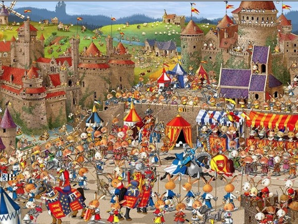 A colorful jigsaw puzzle scene depicting a medieval festival with rabbit knights in armor, vibrant tents, and a fortress backdrop. The illustration features whimsical characters engaged in festivities, showcasing a lively castle environment filled with intricate details and humorous elements.
