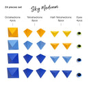 Trido Sky Medium 24-piece set featuring colorful geometric shapes including octahedrons, tetrahedrons, half-tetrahedrons, and eye pieces in various colors like yellow, blue, and green. Ideal for creative play and educational activities.