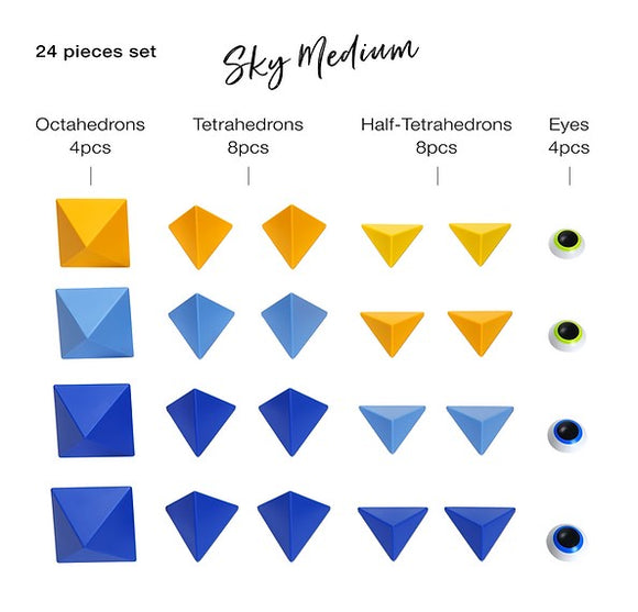 Trido Sky Medium 24-piece set featuring colorful geometric shapes including octahedrons, tetrahedrons, half-tetrahedrons, and eye pieces in various colors like yellow, blue, and green. Ideal for creative play and educational activities.