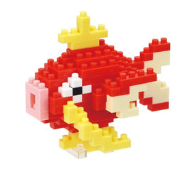 A colorful Nanoblock DIY kit featuring a detailed representation of Magikarp, a beloved Pokémon. The model showcases vibrant red and yellow blocks, arranged to create the fish's characteristic shape and features, including its fins and face, making it a fun and creative building experience for fans and collectors.