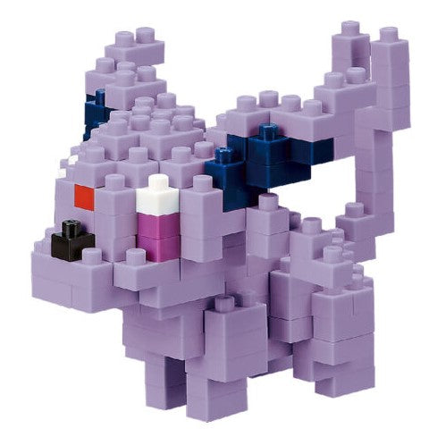 Nanoblock Espeon DIY kit featuring a detailed purple and pink blocky representation of the popular Pokémon character. Designed for creative assembly, this charming model showcases intricate features like pointy ears and a long tail, perfect for fans and collectors.