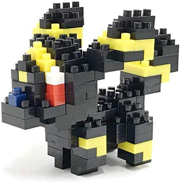 A detailed Nanoblock model of Umbreon, featuring a sleek black body with bright yellow accents. The figure is constructed with multiple small plastic blocks, showcasing its characteristic features like large ears, a bushy tail, and intricate facial expressions with colored blocks for eyes and nose, perfect for any Pokémon fan or DIY enthusiast.