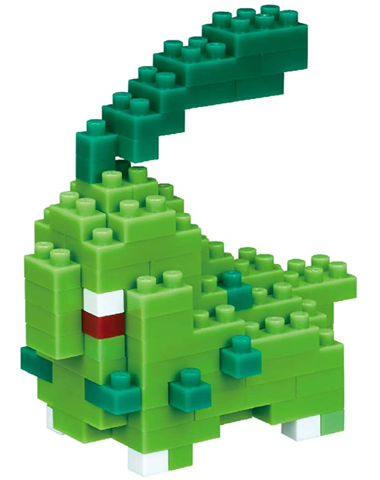 A detailed image of Nanoblock Chikorita, a vibrant green DIY building kit. The model features Chikorita's characteristic leaf and distinctive features, showcasing the unique block design typical of Nanoblock products.