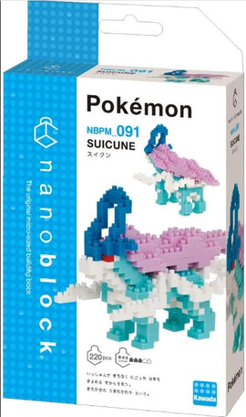 The Nanoblock Suicune DIY kit showcases a beautifully crafted, colorful representation of the Pokémon Suicune. The box features the character in various pastel shades, highlighting its unique design. This 220-piece set is packaged in a vibrant box adorned with the Nanoblock logo and an illustration of Suicune, making it ideal for Pokémon fans and building block enthusiasts.