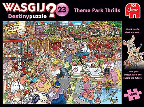 The Wasgij Destiny 23 Theme Park jigsaw puzzle featuring a vibrant and whimsical scene filled with animated characters enjoying various rides and attractions at a theme park. The image showcases families, entertainers, and a variety of attractions like a carousel and stalls, inviting puzzle enthusiasts to use their imagination and piece together the future scenario.