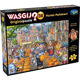 Wasgij Original 38 Market Meltdown jigsaw puzzle box featuring vibrant artwork of a busy market scene. The puzzle includes 1000 pieces and encourages imaginative thinking by asking the solver to puzzle what a character sees instead of what appears in the image.