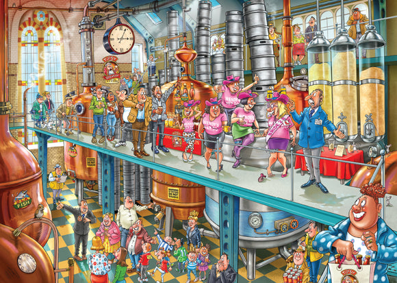 A vibrant illustration from the Wasgij Mystery 21 Trouble Brew jigsaw puzzle, depicting a lively brewery scene filled with colorful characters celebrating. The setting features large brewing tanks, a festive atmosphere with people enjoying drinks, and humorous interactions among the guests. The artwork captures the chaos and whimsy typical of Wasgij puzzles, inviting puzzlers to solve the mystery of the scene.