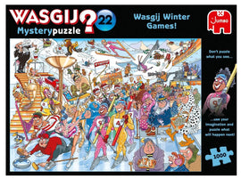 Wasgij Mystery #22: Winter jigsaw puzzle featuring a chaotic winter games scene filled with colorful characters engaged in various winter sports and activities. The artwork shows a mix of humorous and whimsical elements, with participants skiing, curling, and having fun in a festive atmosphere.