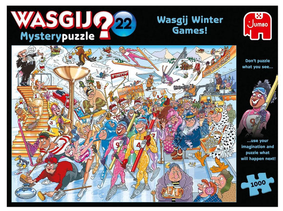 Wasgij Mystery #22: Winter jigsaw puzzle featuring a chaotic winter games scene filled with colorful characters engaged in various winter sports and activities. The artwork shows a mix of humorous and whimsical elements, with participants skiing, curling, and having fun in a festive atmosphere.