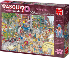 Wasgij Retro Destiny 6 Child's jigsaw puzzle box featuring a vibrant, busy street scene from the past. The illustration showcases various characters engaged in fun activities, surrounded by shops and vehicles, inviting imaginations to piece together the story behind the image. Suitable for children aged 6 and up, this puzzle enhances critical thinking and creativity.