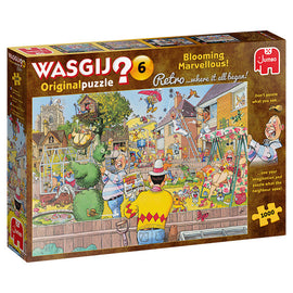 Wasgij Retro Original 6 Bloomi jigsaw puzzle featuring a colorful and humorous scene set in a vibrant neighborhood, showcasing playful characters and whimsical activities. The box design highlights the puzzle's 1000 pieces and encourages users to use their imagination.