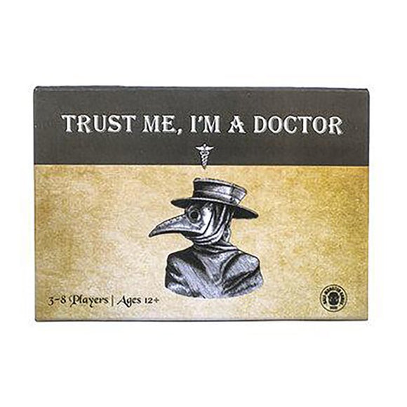 Trust Me I'm a Doctor board game box featuring a vintage-style illustration of a plague doctor in a wide-brimmed hat and beaked mask. The title is prominently displayed at the top, with additional text indicating it is suitable for 3-8 players aged 12 and up.