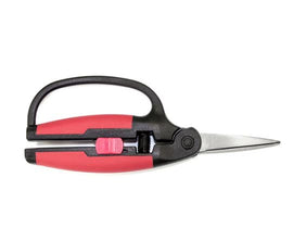 Excel Blades Comfort Grip Scissors featuring ergonomic handles for a comfortable grip. The scissors have a sleek design with a black and red color scheme and a safety lock mechanism for secure storage. Ideal for crafting, DIY projects, and everyday use.