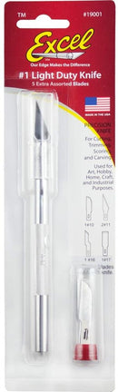 K1 Craft and Hobby Knife from Excel Blades, featuring a silver handle and a precise blade. The package includes a light-duty knife and five assorted extra blades for versatile cutting, trimming, scoring, and carving. Ideal for DIY projects and detailed crafting work.