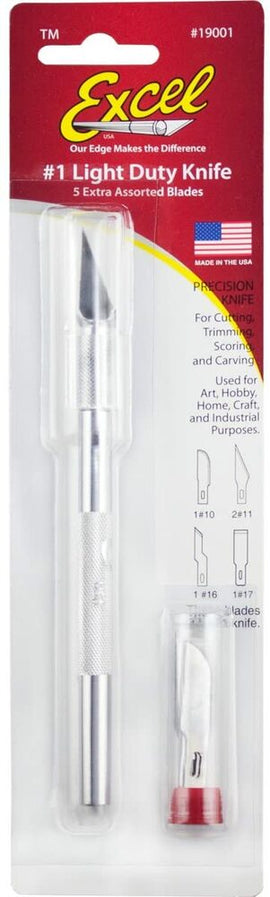 K1 Craft and Hobby Knife from Excel Blades, featuring a silver handle and a precise blade. The package includes a light-duty knife and five assorted extra blades for versatile cutting, trimming, scoring, and carving. Ideal for DIY projects and detailed crafting work.