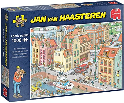 The Missing Piece jigsaw puzzle by Jan van Haasteren features a vibrant and humorous illustration of a busy city scene with various characters and detailed buildings. This 1000-piece puzzle showcases unique comic art, inviting puzzle enthusiasts to enjoy both the challenge and the charming visuals.