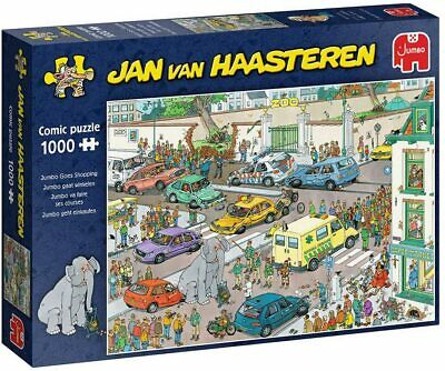 Jumbo Goes Shopping jigsaw puzzle by Jan van Haasteren, featuring a vibrant comic scene of a busy shopping area filled with people, cars, and an elephant in the foreground. The box showcases the colorful artwork and highlights that it is a 1000 piece puzzle.