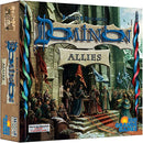 The game box for 'Dominion: Allies' created by Rio Grande Games. The artwork features a medieval scene with characters dressed in period attire, flags, and a castle backdrop. The title is prominently displayed in a stylized font, emphasizing its fantasy theme.
