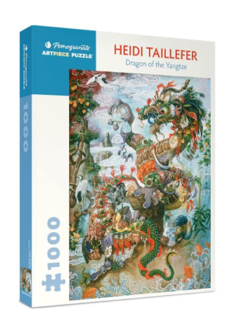 A jigsaw puzzle box featuring the artistic work 'Dragon of the Yangtze' by Heidi Taillefer, published by Pomegranate. The colorful box displays intricate illustrations of dragons, flora, and fauna, designed for a challenging 1000-piece assembly.
