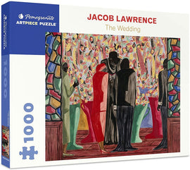 Jigsaw puzzle box featuring Jacob Lawrence's artwork 'The Wedding'. The illustration depicts a colorful scene with figures in a wedding setting, surrounded by vibrant stained glass and floral patterns. The box indicates it contains 1000 pieces and showcases Pomegranate's Artpiece Puzzle collection.