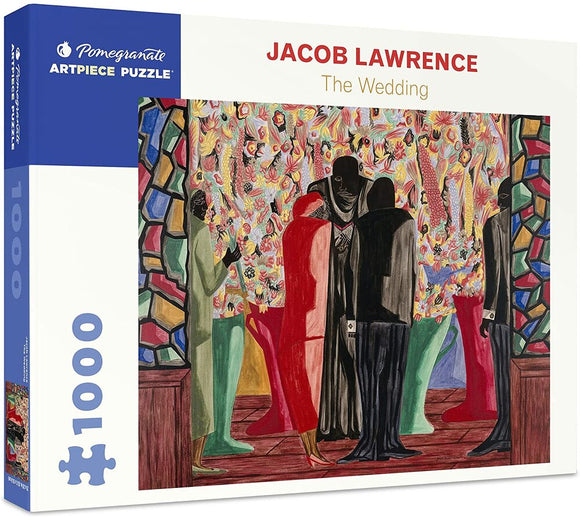 Jigsaw puzzle box featuring Jacob Lawrence's artwork 'The Wedding'. The illustration depicts a colorful scene with figures in a wedding setting, surrounded by vibrant stained glass and floral patterns. The box indicates it contains 1000 pieces and showcases Pomegranate's Artpiece Puzzle collection.