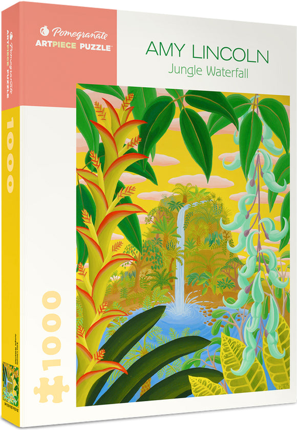 Jigsaw puzzle titled 'Jungle Waterfall' featuring vibrant foliage and a serene waterfall, designed by Amy Lincoln. The puzzle contains 1000 pieces and showcases rich greens, yellows, and intricate plant details, inviting nature lovers and puzzle enthusiasts alike.