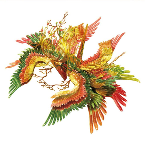 The Lucky Crane - Fortune DIY kit by Piececool features a stunning 3D design made up of intricately crafted colorful crane feathers and branches. The assembly showcases vibrant colors of red, green, and gold, perfect for adding a touch of luck and artistic elegance to any space.