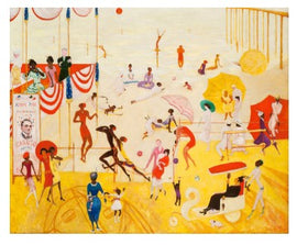 A vibrant and colorful jigsaw puzzle titled 'Asbury Park South' by Artifact Wooden Puzzles. The artwork features lively beach scenes with people enjoying various activities such as swimming, dancing, and lounging under umbrellas. The setting includes decorative elements like red, white, and blue banners, adding a festive touch to the summer atmosphere.