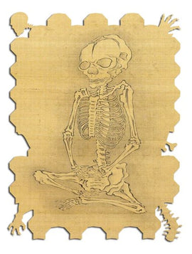 A unique jigsaw puzzle featuring an illustration of a skeleton in a meditative pose. The skeleton is outlined against a light, textured background, embodying a serene and artistic design. The puzzle pieces are cut in a whimsical shape, adding to its charm.