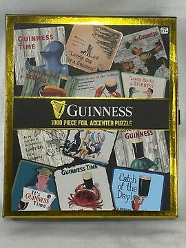 Guinness Coaster Puzzle box featuring a colorful 1000-piece jigsaw puzzle with foil accents. The design showcases various iconic Guinness coasters and illustrations, perfect for puzzle enthusiasts and Guinness fans alike.