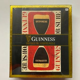 A packaged jigsaw puzzle featuring a retro Guinness design. The box has a striking gold frame and prominently displays the Guinness logo and iconic pint glass imagery. This 1000-piece puzzle is ideal for enthusiasts who enjoy beer-themed challenges or retro art.