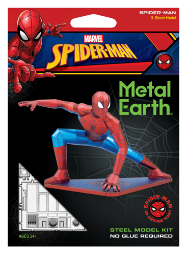 Metal Earth DIY kit featuring a detailed Spider-Man model made of steel. The packaging shows Spider-Man in an action pose and includes three sheets for assembly without glue. Recommended for ages 14 and up, this kit allows fans to create a visually striking 3D figure of the iconic superhero.