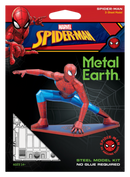 Metal Earth DIY kit featuring a detailed Spider-Man model made of steel. The packaging shows Spider-Man in an action pose and includes three sheets for assembly without glue. Recommended for ages 14 and up, this kit allows fans to create a visually striking 3D figure of the iconic superhero.
