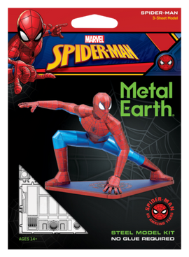Metal Earth DIY kit featuring a detailed Spider-Man model made of steel. The packaging shows Spider-Man in an action pose and includes three sheets for assembly without glue. Recommended for ages 14 and up, this kit allows fans to create a visually striking 3D figure of the iconic superhero.