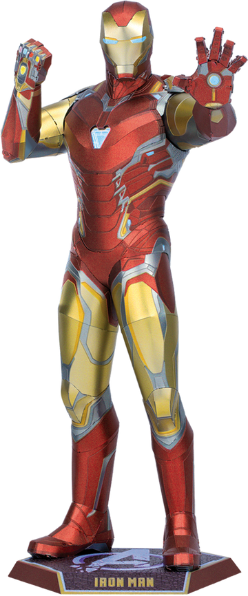 ICONX: Iron Man Mark LXXV DIY kit by Fascinations. The model features a striking red and gold color scheme and detailed armor design, ideal for fans and collectors. Perfect for displaying or crafting.