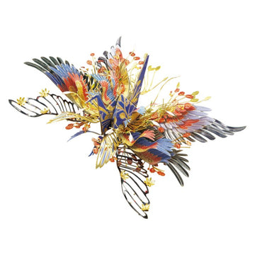 A vibrant DIY model of a Lucky Crane, featuring intricate floral and feather designs in shades of blue, red, and gold. This Peace-themed piece by Piececool showcases elaborate detailing, ideal for crafting enthusiasts.