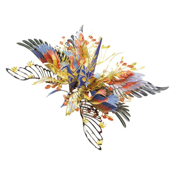 A vibrant DIY model of a Lucky Crane, featuring intricate floral and feather designs in shades of blue, red, and gold. This Peace-themed piece by Piececool showcases elaborate detailing, ideal for crafting enthusiasts.