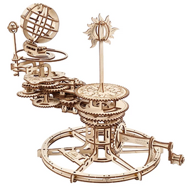 UGears 3D Mechanical Tellurion DIY kit featuring an intricate wooden model of a celestial globe and rotating gears. This mechanical puzzle showcases remarkable craftsmanship with moving parts, illustrating the solar system's dynamics. Perfect for enthusiasts of hands-on building projects.