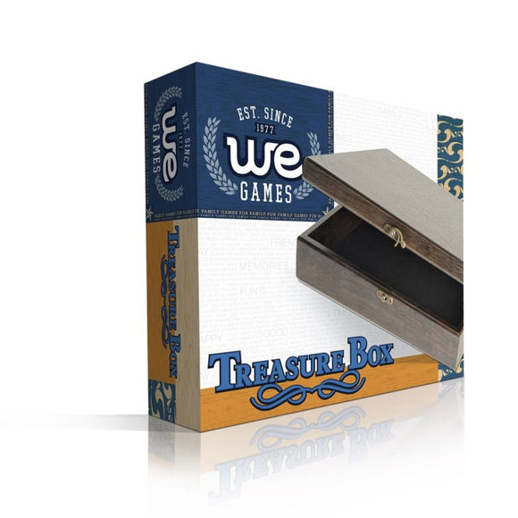Treasure Box by Wood Expressions in Black Walnut. The image showcases the game box with an open lid, revealing a deep compartment designed for storing game pieces or other treasures. The exterior features a charming design with the name 'Treasure Box' prominently displayed. The packaging highlights the product's allure for family fun and memorable gaming experiences.