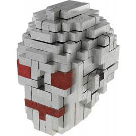 A detailed mechanical puzzle shaped like a skull, featuring a mix of metallic silver and red elements. The puzzle showcases intricate interlocking pieces that create a three-dimensional cranium design, perfect for puzzle enthusiasts and collectors.