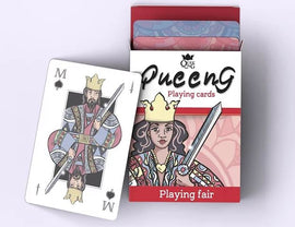A deck of Playing Fair V.2 Blue Standard playing cards made by Queeng. The box is vibrant with a colorful design, and an ace card features a king and queen with swords, depicting a medieval theme.