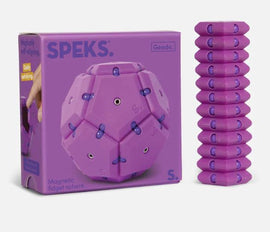 The Geode Razzle Dazzle by Speks is a magnetic fidget sphere featuring a hexagon design. It's bright purple with blue accent pieces and comes in a box displaying a hand interacting with the product, showcasing its unique, self-aligning properties. A stack of purple pieces is visible beside the box, emphasizing the interactive and modular nature of the fidget toy.