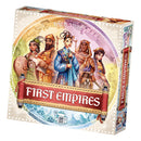 The board game 'First Empires' by Sand Castle features vibrant artwork depicting historical figures, including a regal woman in a blue robe, a man with a detailed headpiece, and other culturally rich characters. The game box showcases a beautiful design with intricate elements and a prominent title banner.