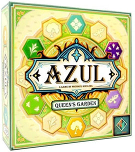 The box cover of the board game 'Azul: Queen's Garden' by NEXT MOVE GAMES. The cover features a colorful design with hexagonal patterns in shades of green, purple, and yellow, alongside intricate illustrations of trees and flowers. The title 'AZUL' is prominently displayed at the top, with 'QUEEN'S GARDEN' in a banner below it. The box has a festive and artistic vibe, appealing to game enthusiasts and collectors.