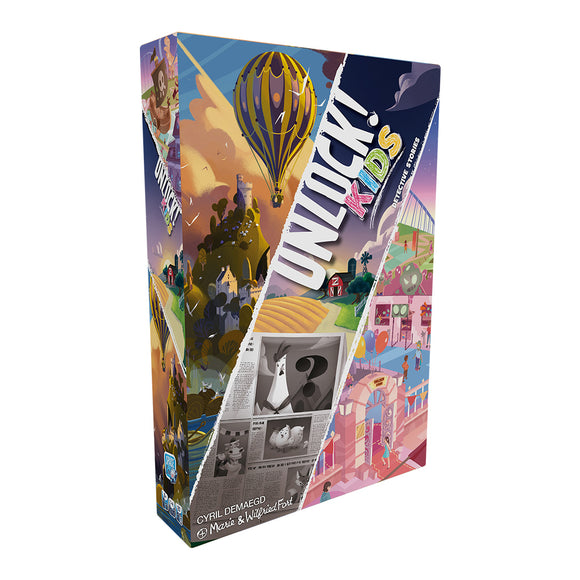 Unlock! Kids board game by Space Cowboys. The packaging features vibrant illustrations, including a hot air balloon, cartoon characters, and imaginative scenes, perfect for engaging young minds in detective adventures.