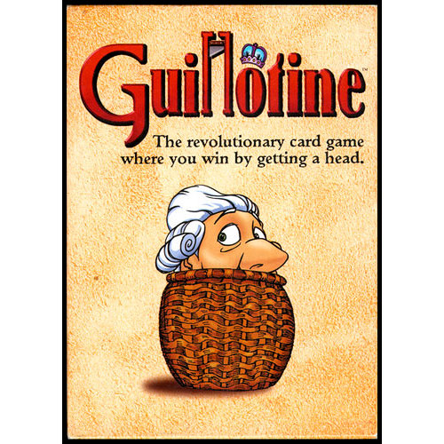 The box cover of the card game 'Guillotine' by Avalon Hill Hasbro. It features a whimsical illustration of a character in a basket, wearing a white wig, with the game's title prominently displayed above in bold red letters. The tagline reads, 'The revolutionary card game where you win by getting a head.' The background is textured to resemble parchment.