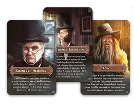 Nanty Narking Regular Edition game cards featuring characters such as Ebenezer Scrooge, Thomas Gradgrind, and Fagin. The cards display different gameplay mechanics, including money and control of areas, along with rules for player actions.