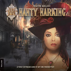 The game cover of Nanty Narking Regular Edition designed by Martin Wallace features a Victorian woman with a red hat. The background depicts a bustling Victorian street with people and animals. The title is prominently displayed at the top, showcasing its artistic design and theme of wit and strategy.