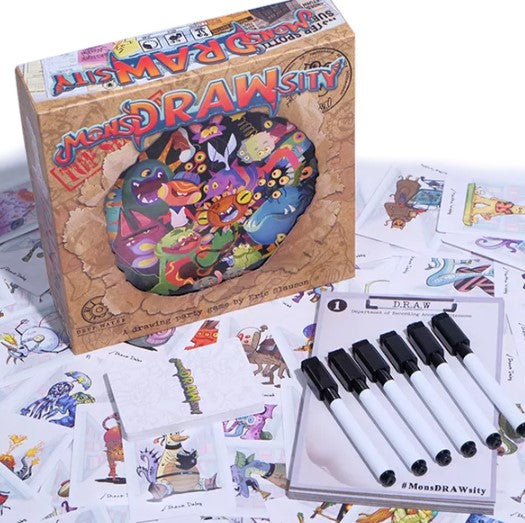 MonsDRAWsity game by Deep Water Games featuring a colorful box design filled with whimsical monsters. The game includes drawing cards and markers, laid out on a surface with detailed illustrations of various characters. Ideal for family fun and creative gameplay.